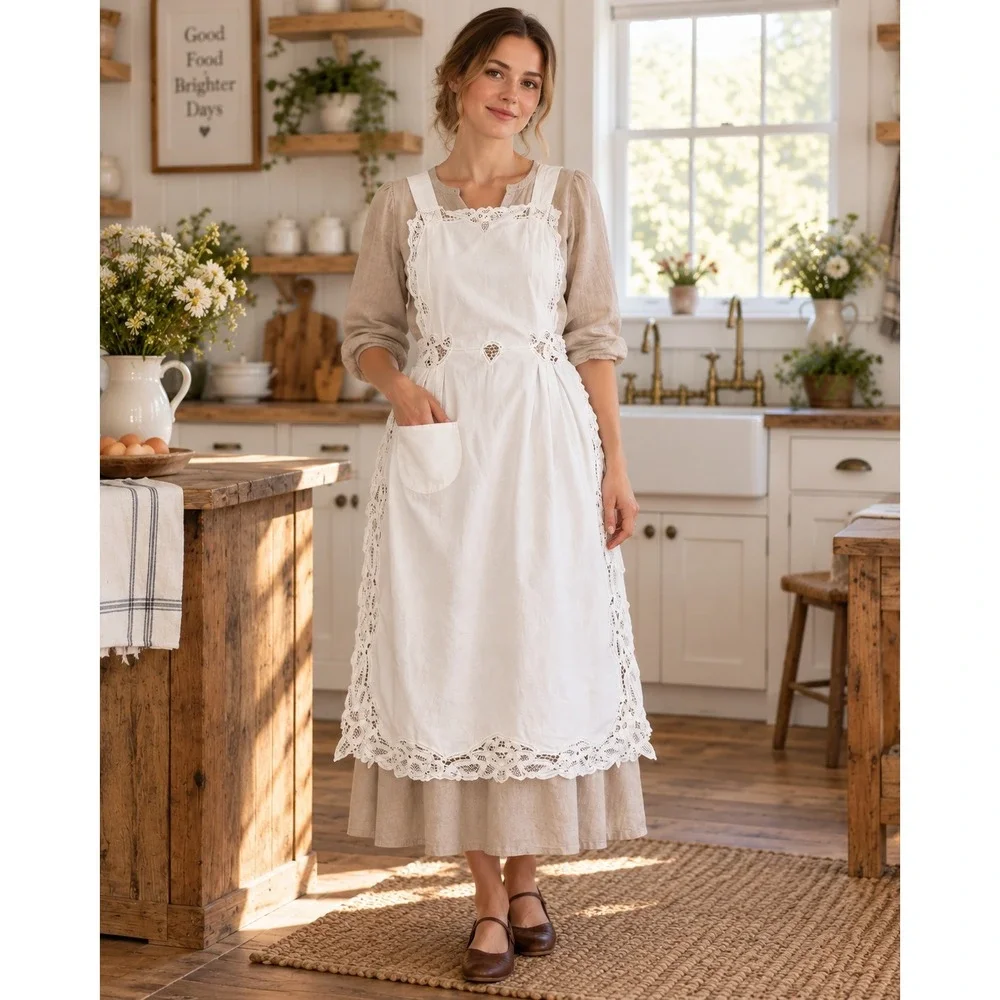Vintage Apron White Lace Trim Adjustable Straps Full Bib Cottagecore Eyelet
